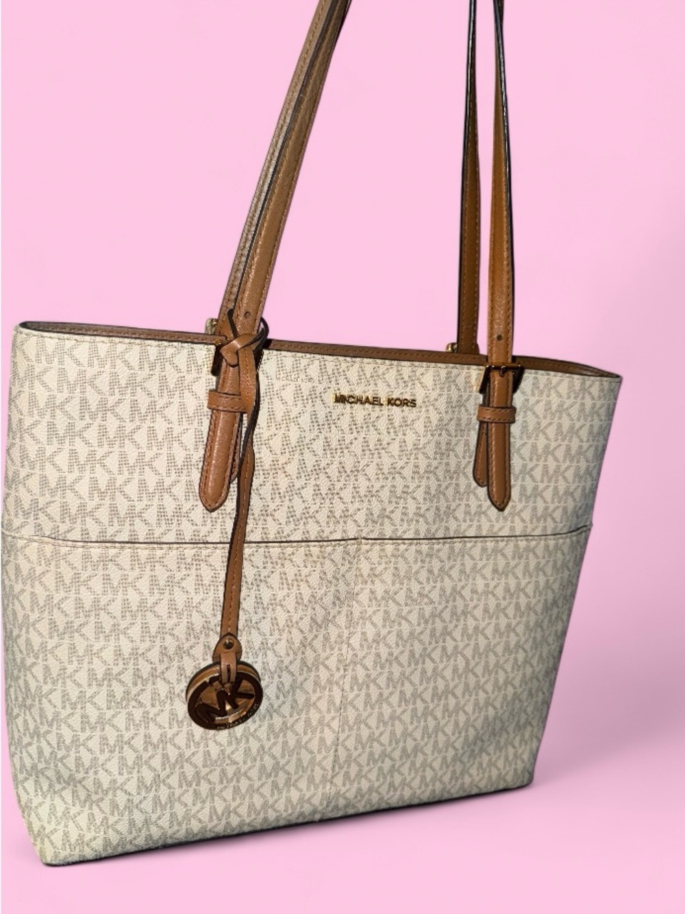 Michael Kors Cream Signature MK Tote with Tan Leather Trim